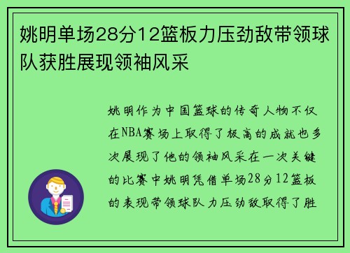 姚明单场28分12篮板力压劲敌带领球队获胜展现领袖风采