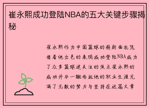 崔永熙成功登陆NBA的五大关键步骤揭秘