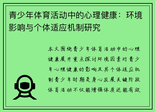 青少年体育活动中的心理健康：环境影响与个体适应机制研究